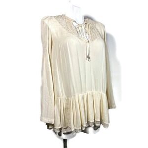 Free People XS Lace Ruffles Victorian Romantic Tunic Cream Bell Sleeve Gauze Top
